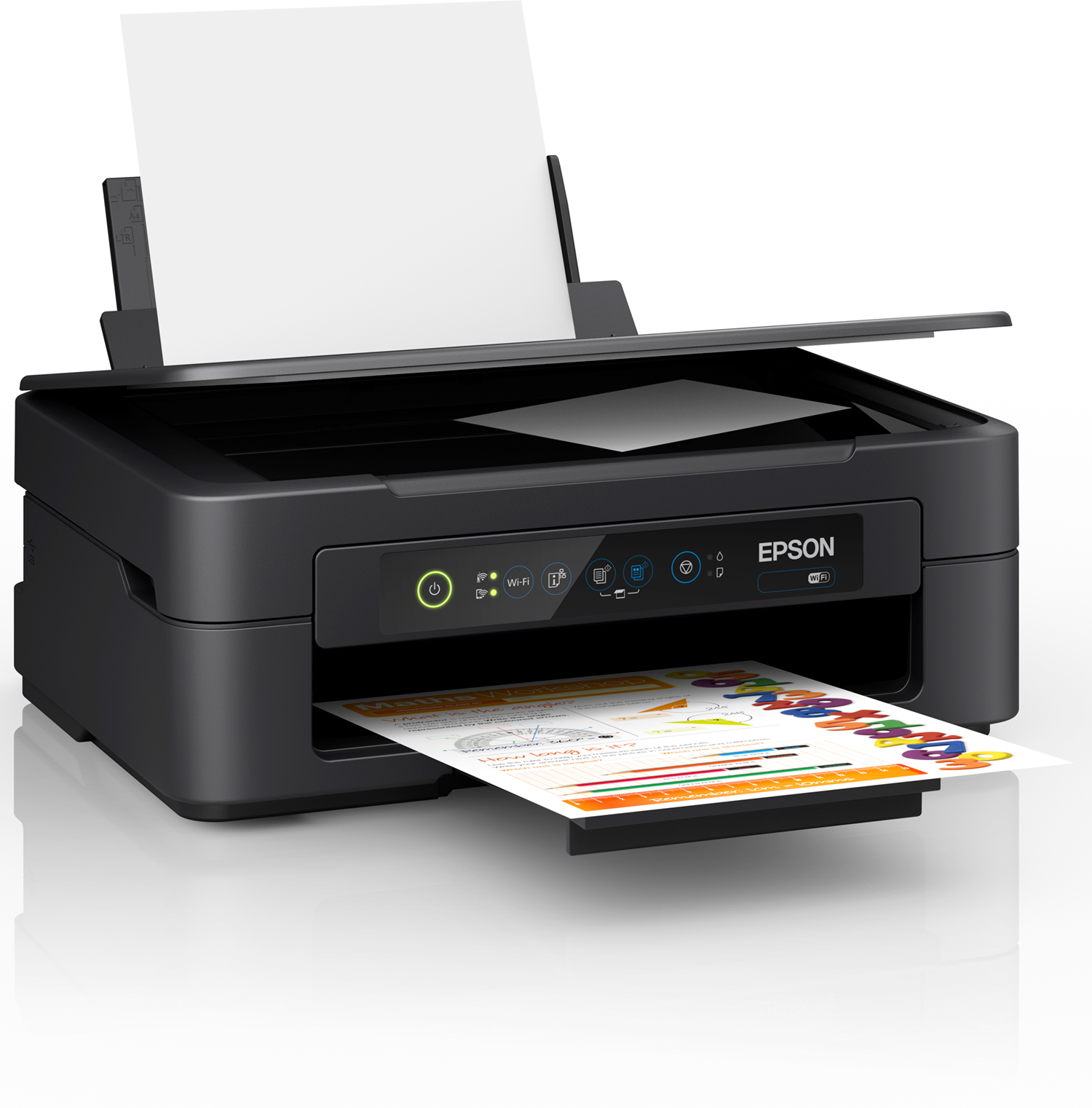 Black Epson printer printing a colorful document. White background, top tray open.