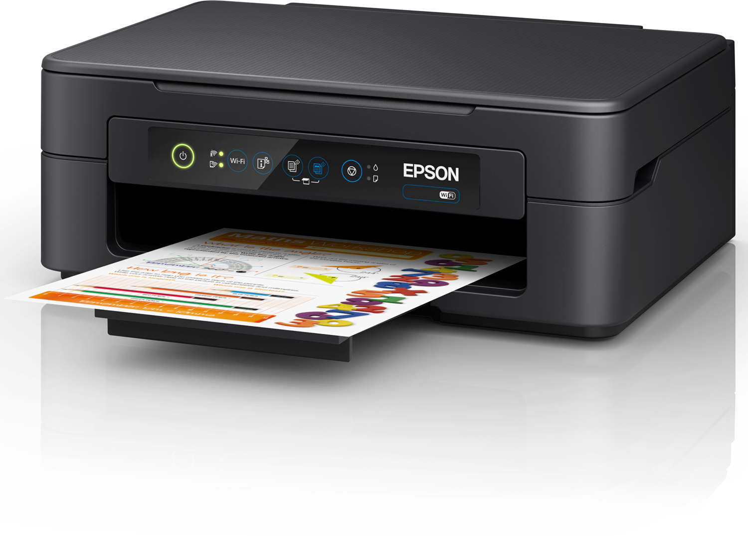 Black Epson printer printing a colorful worksheet.