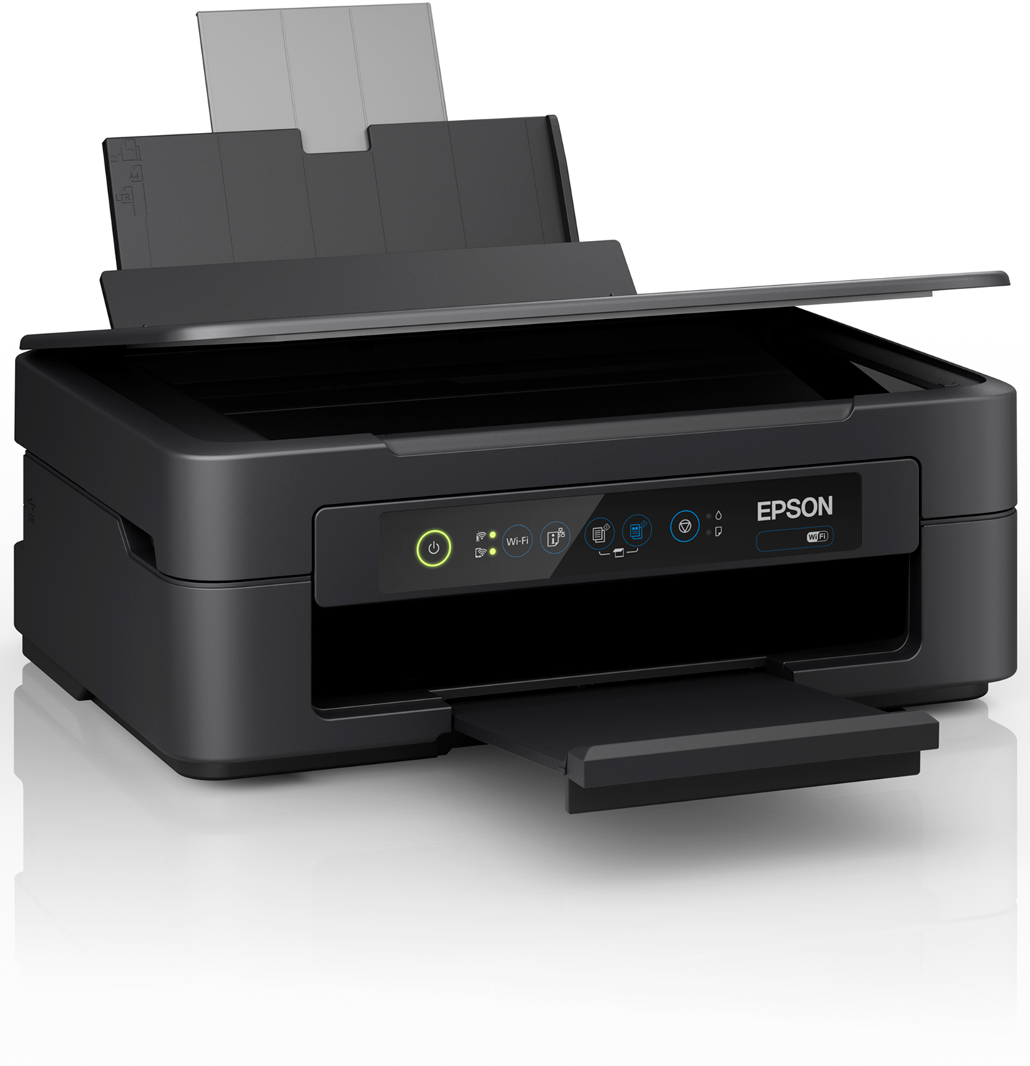 A black Epson printer, with the paper tray open and a white background.
