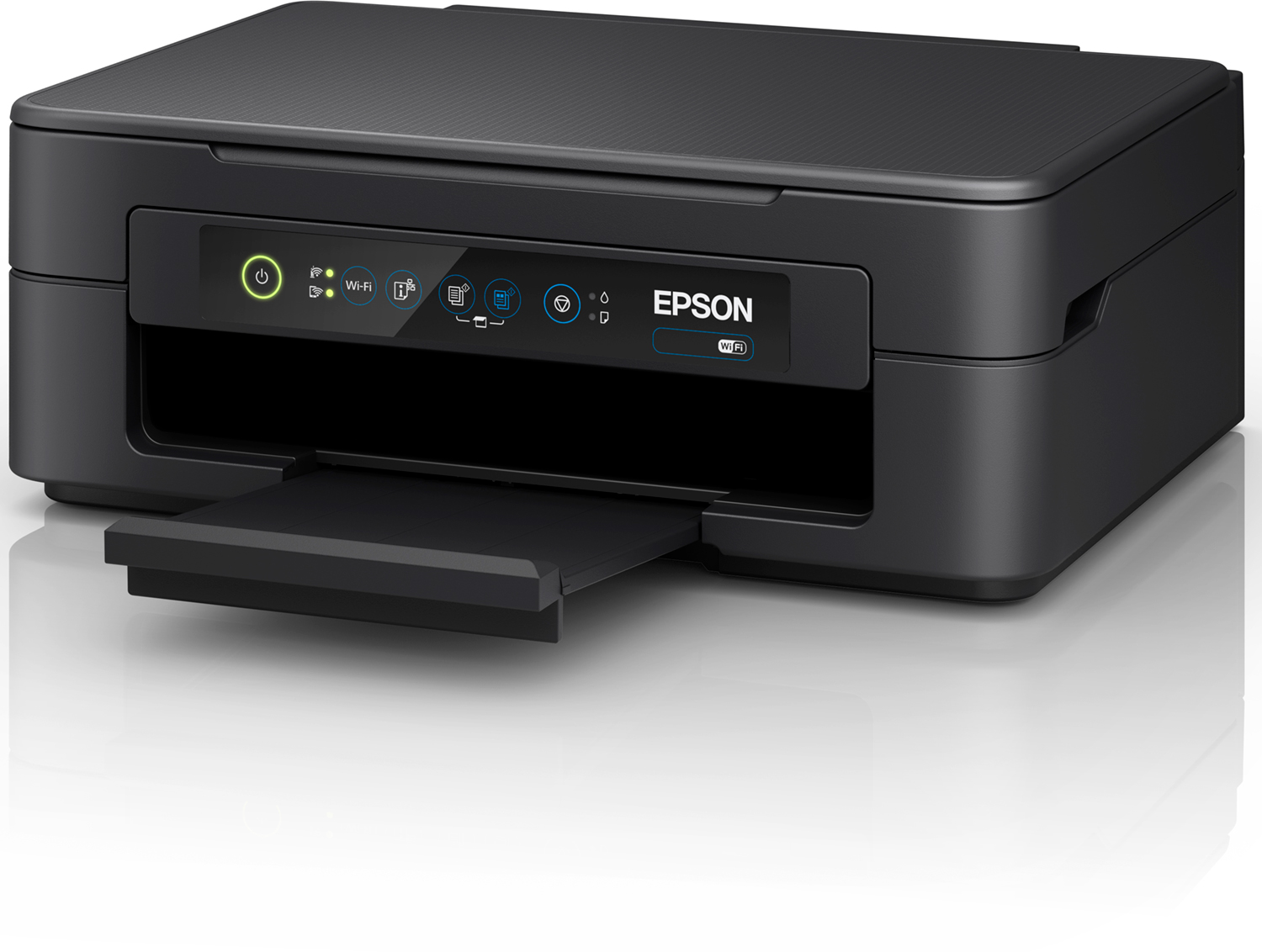 A black Epson printer with a paper tray and power button.