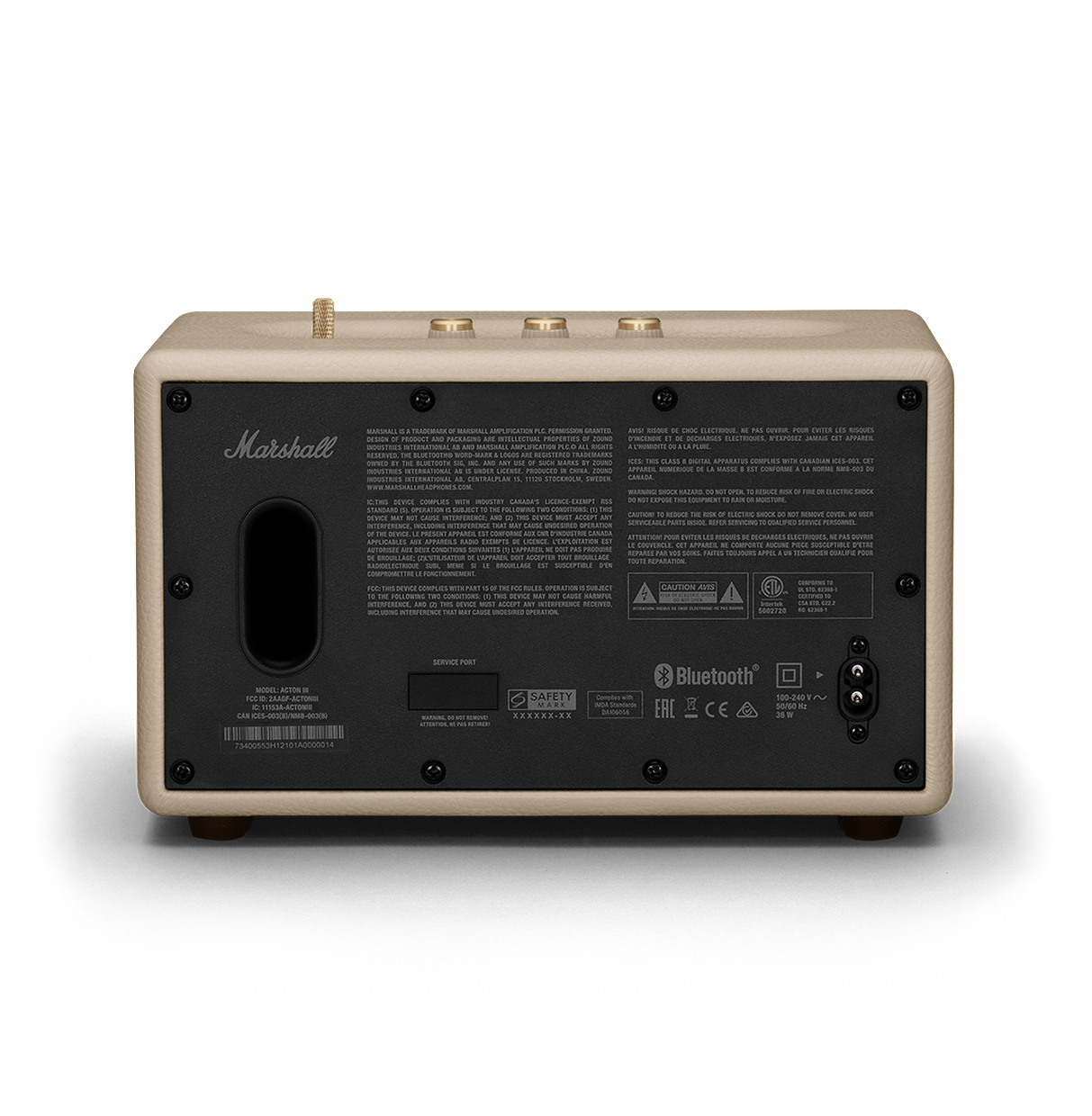 Rückseite eines Marshall-Lautsprechers mit Text und Anschlüssen.