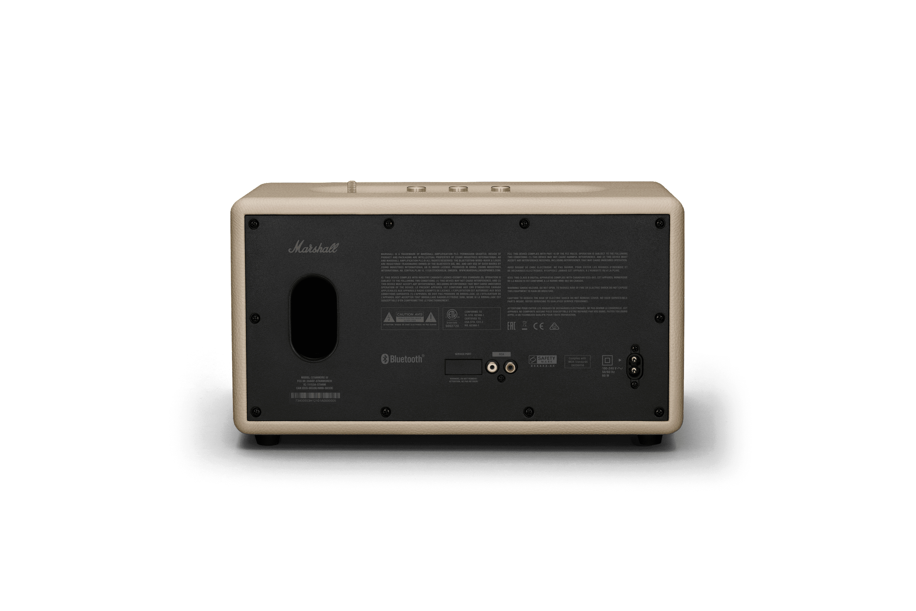 Rückseite eines Marshall-Lautsprechers, beige, mit Knöpfen und Anschlüssen.