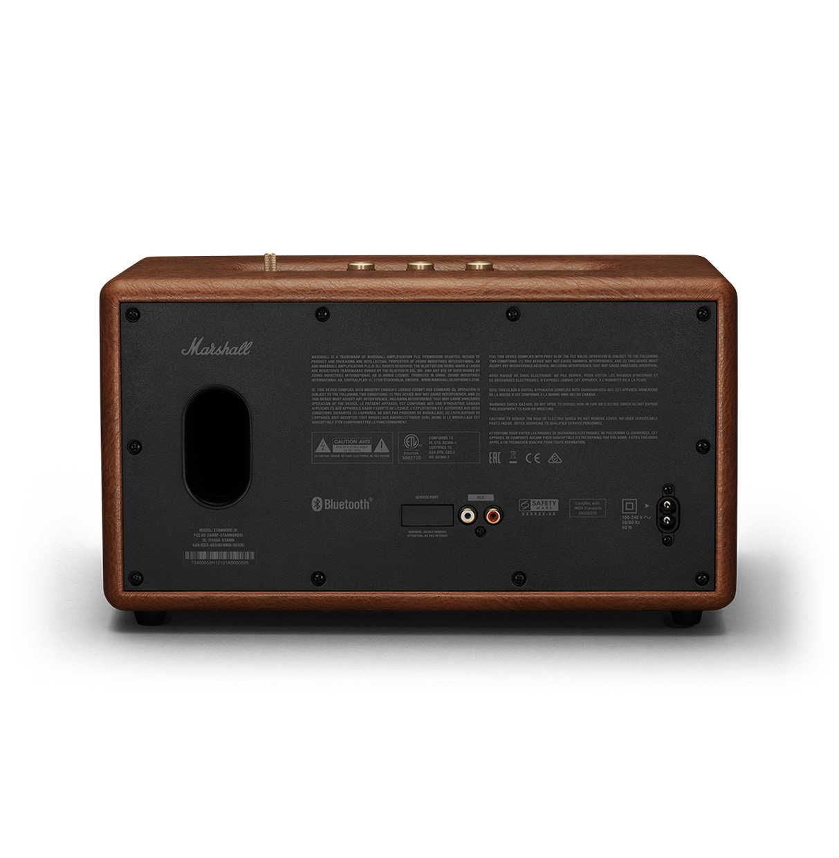Ein brauner Holz-Lautsprecher mit schwarzer Rückseite. Bluetooth und andere Anschlüsse sind sichtbar.