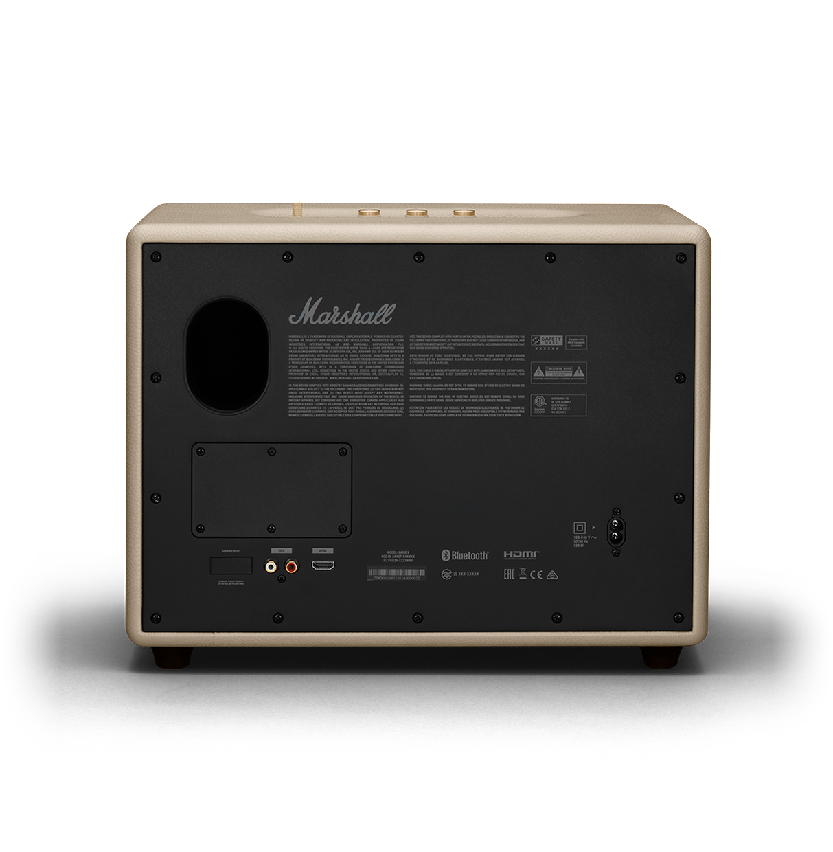 Rückseite eines Marshall-Lautsprechers. Es hat verschiedene Eingänge, Knöpfe und ein markantes Design.