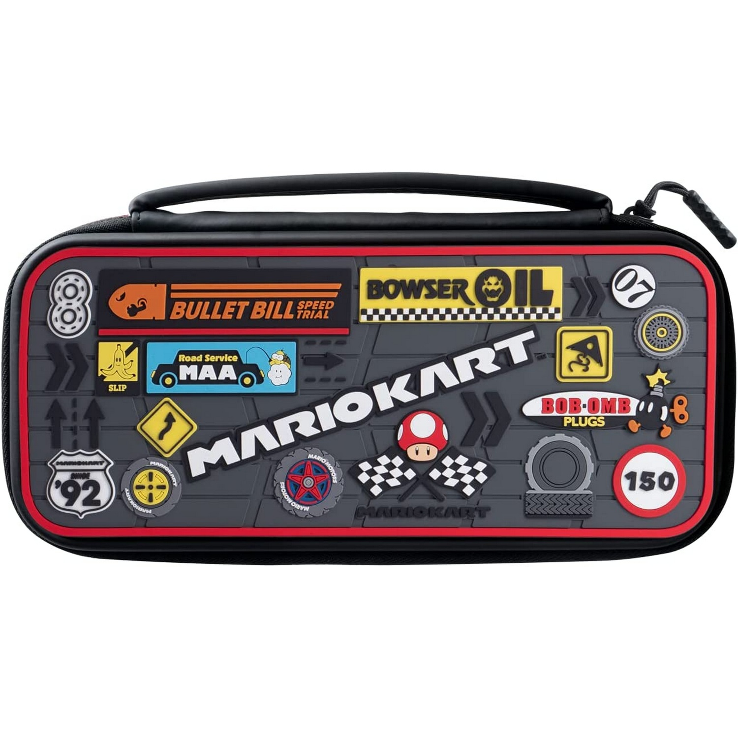 Estuche de transporte temático de Mario Kart con pegatinas del juego.
