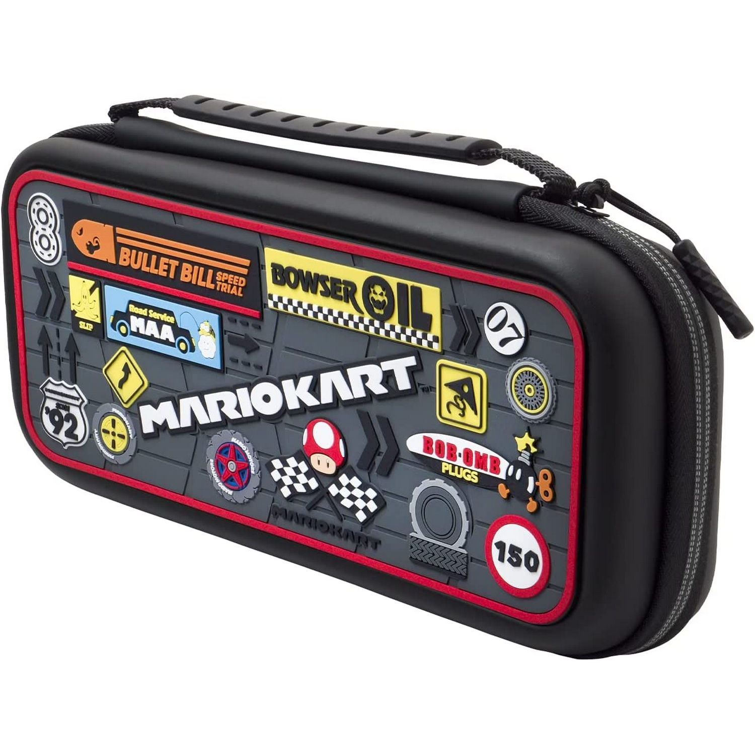Una funda negra de Mario Kart con varias pegatinas relacionadas con el juego.