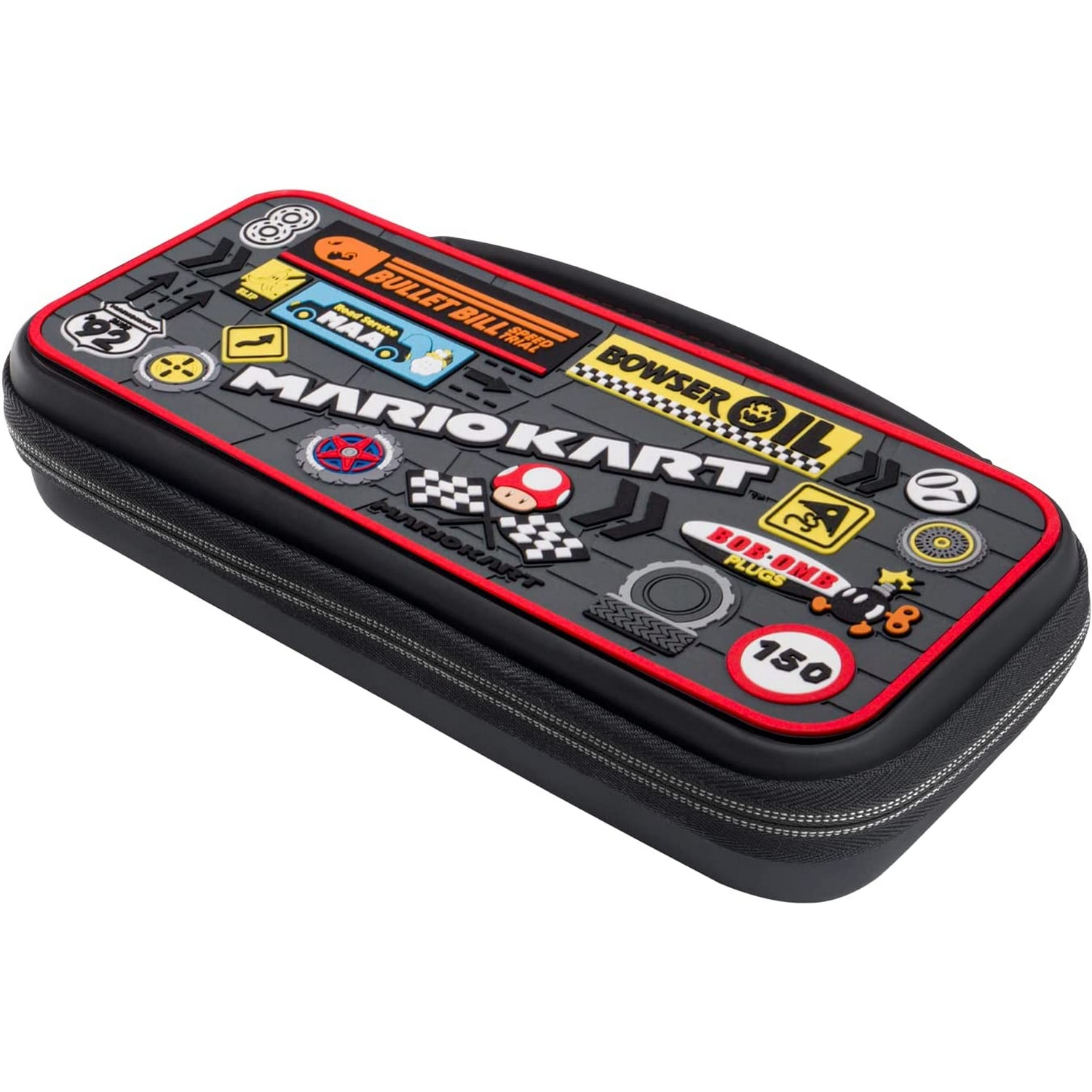 Estuche de Mario Kart, negro con gráficos coloridos de Mario Kart. Cremalleras y elementos de diseño visibles.