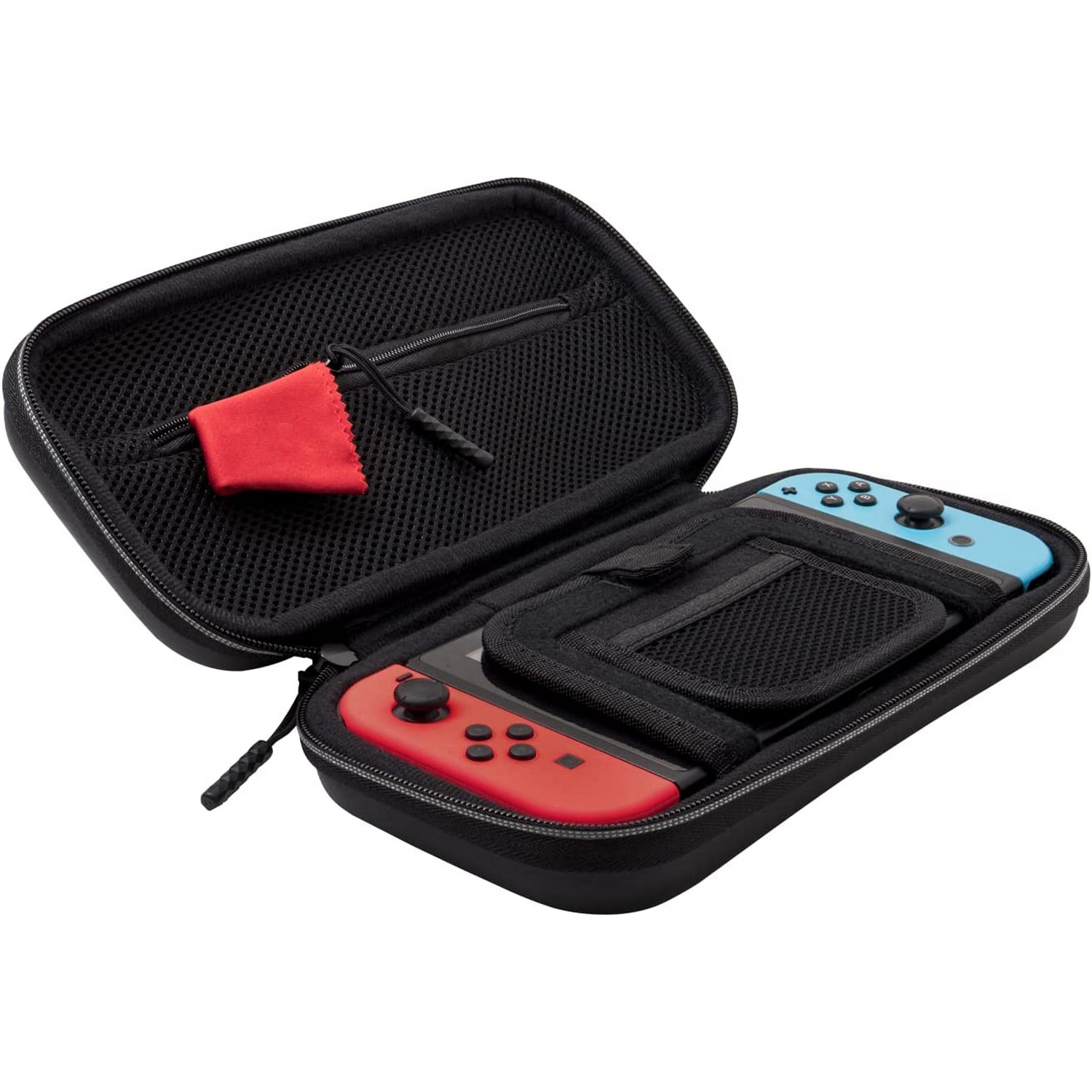 Funda negra de Nintendo Switch, abierta, mostrando una consola Switch y Joy-Cons.