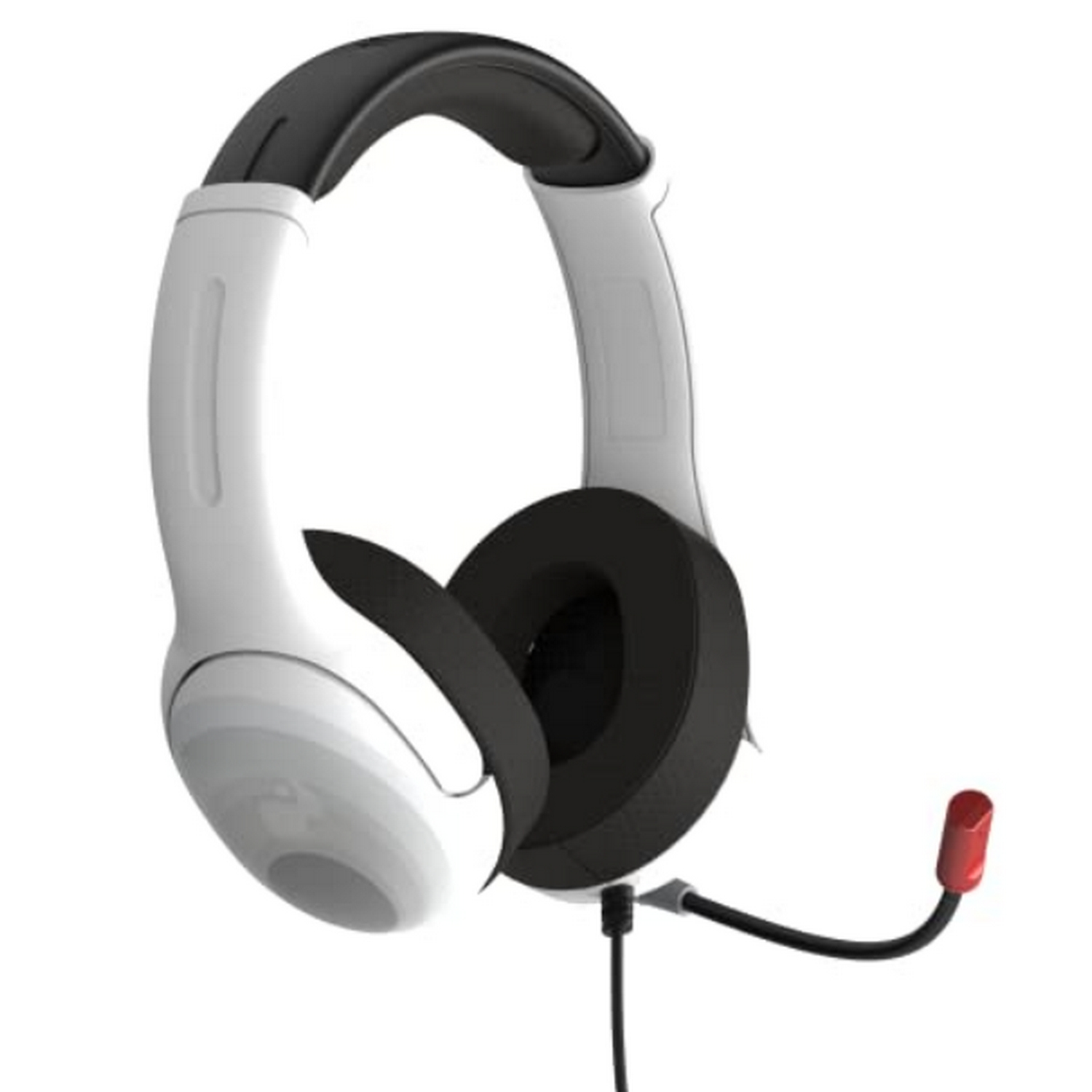 Un auricular para juegos blanco y negro con un micrófono adjunto. El auricular se encuentra sobre un fondo blanco.