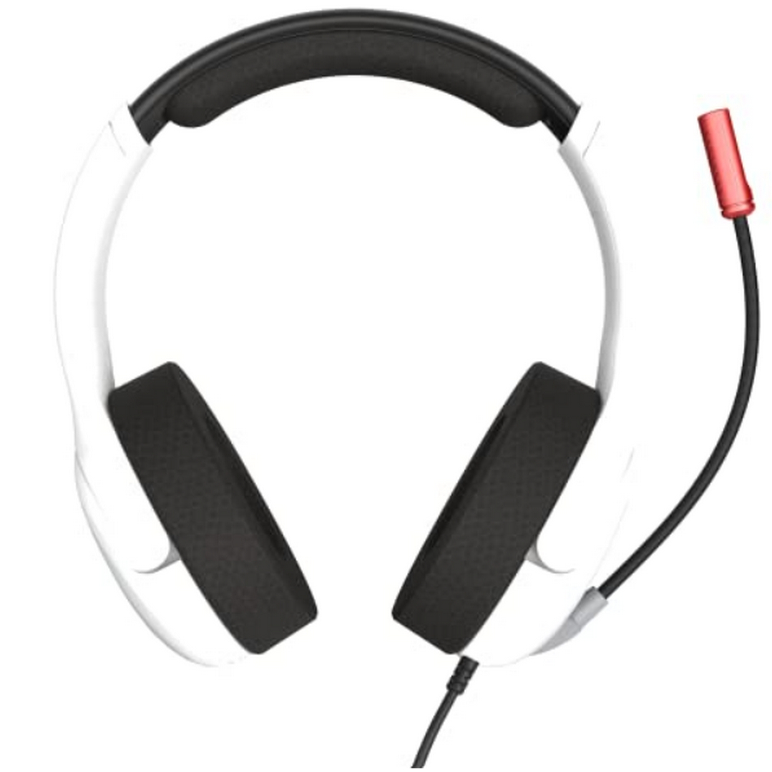 Auriculares blancos con almohadillas negras y micrófono rojo. El cable es negro.
