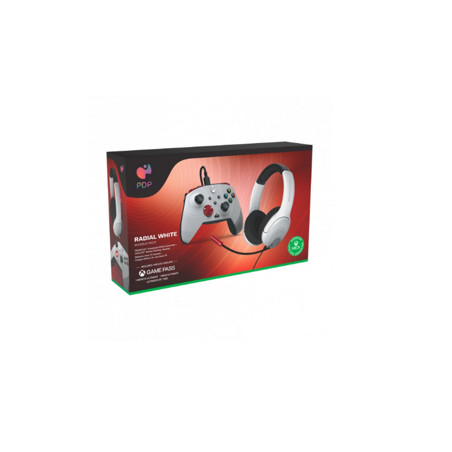 Caja con mando y auriculares blancos. Texto: Radial White, Game Pass.