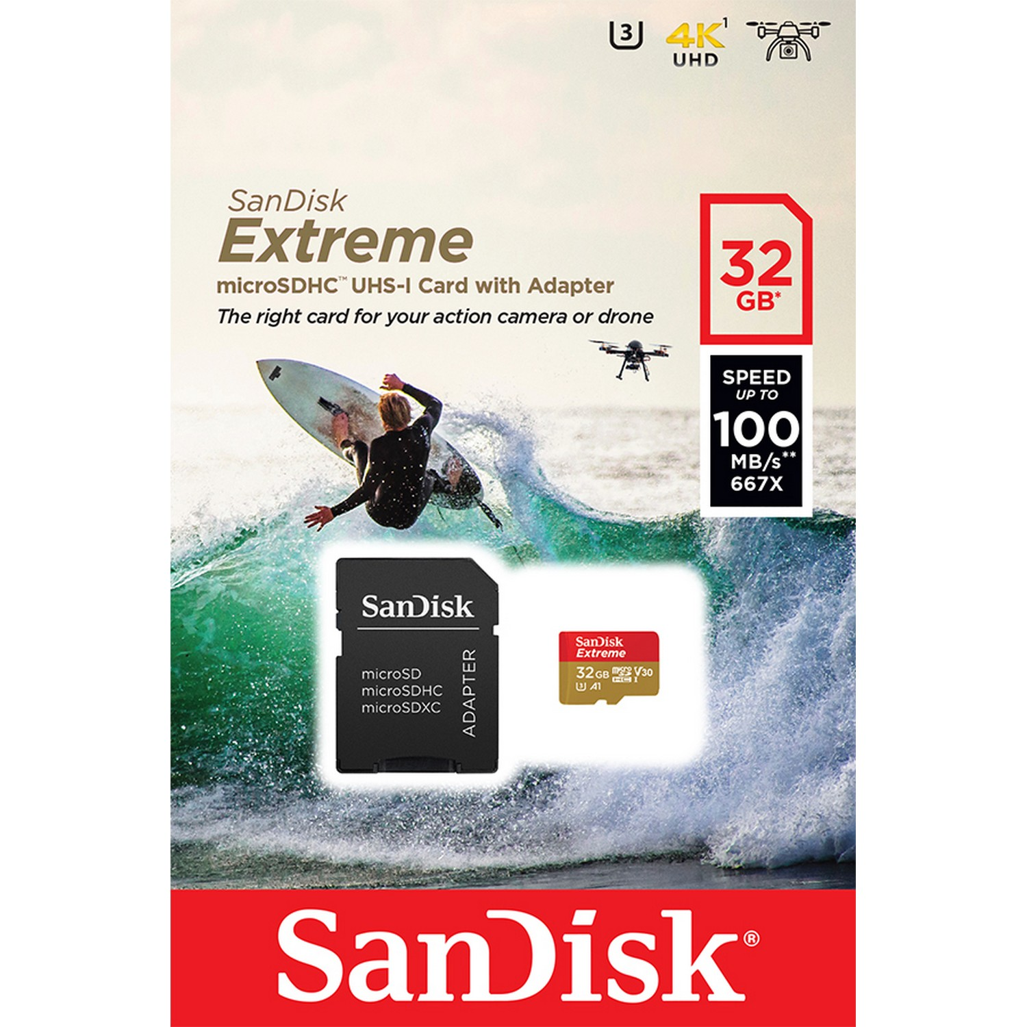 El paquete de la tarjeta SanDisk Extreme microSD muestra un surfista, un dron, una tarjeta y detalles de velocidad sobre fondo blanco.