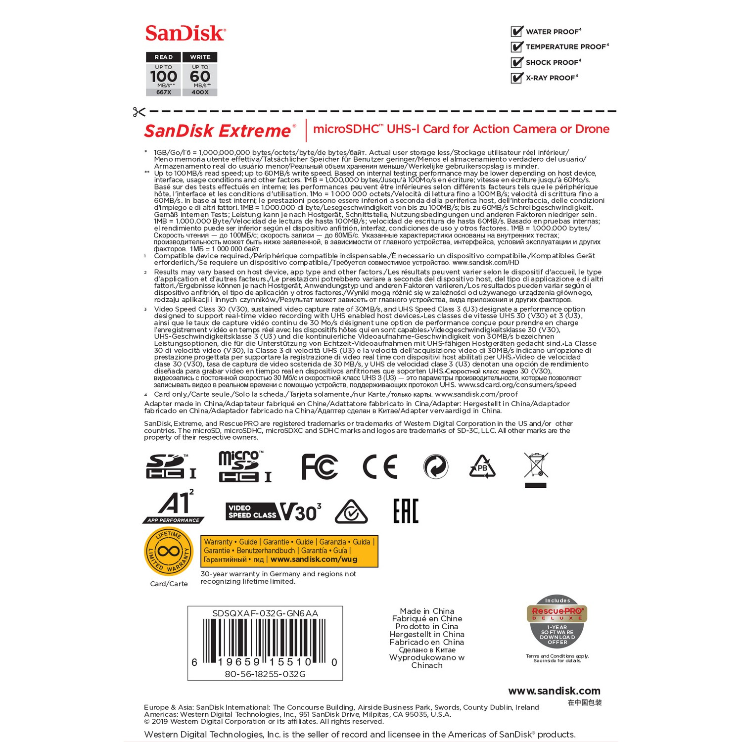 Tarjeta SanDisk Extreme microSDHC UHS-I con texto y logotipos en blanco.