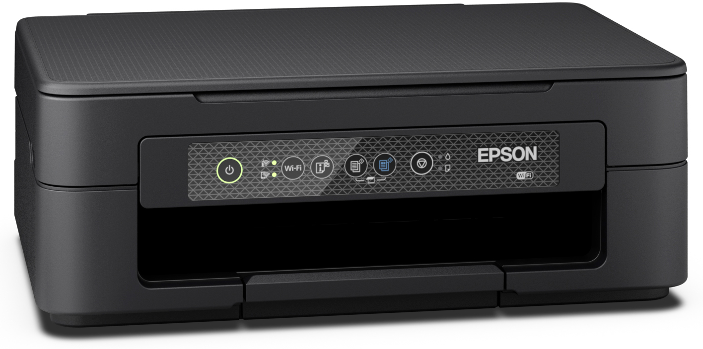 Imprimante Epson noire avec icônes d'alimentation, Wi-Fi, etc. Bac à papier noir.