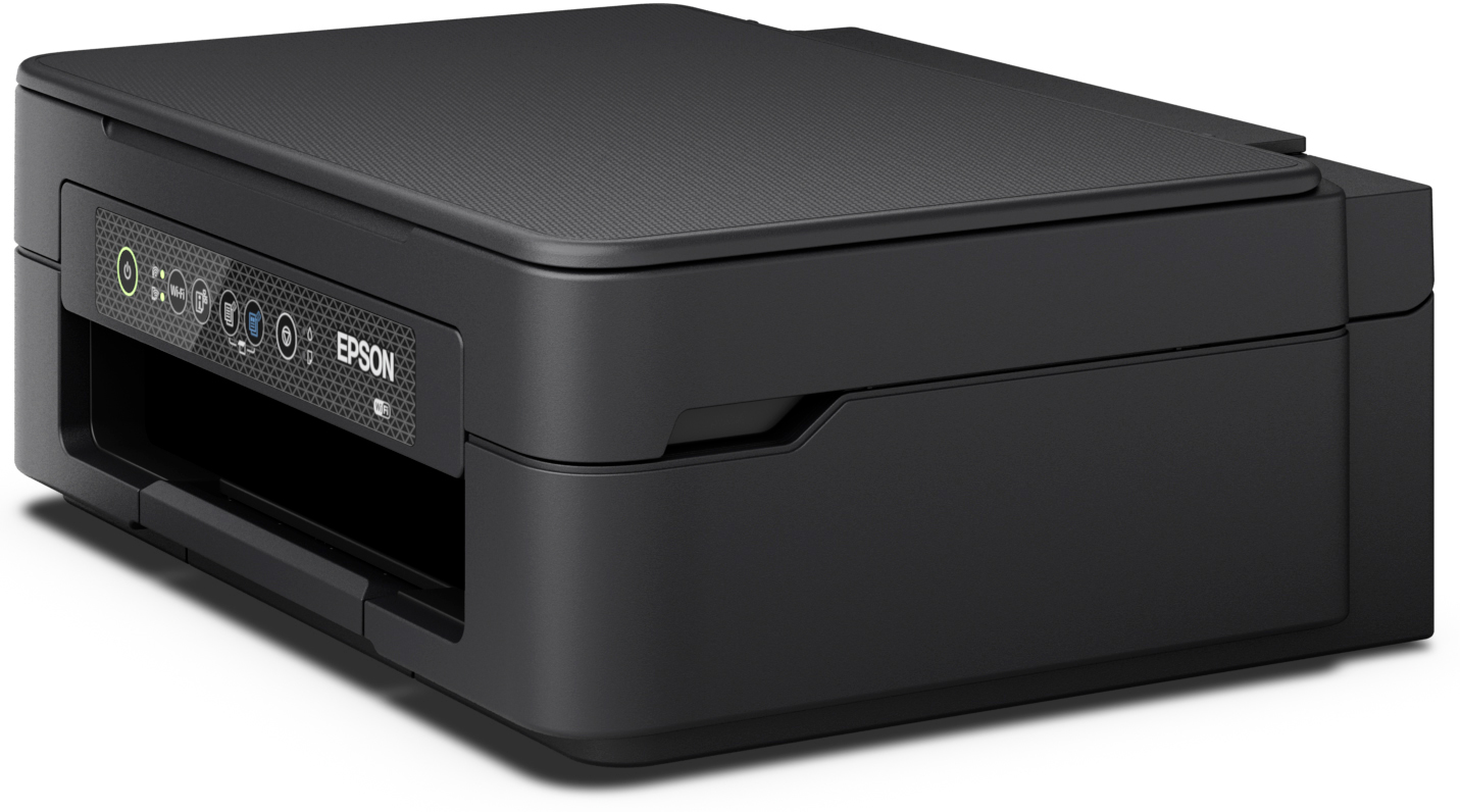 Imprimante Epson noire, vue en angle, avec le dessus noir.