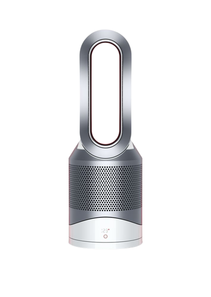 Purificador de aire Dyson plateado y blanco. Tiene un bucle en la parte superior, una base cilíndrica y una base blanca.