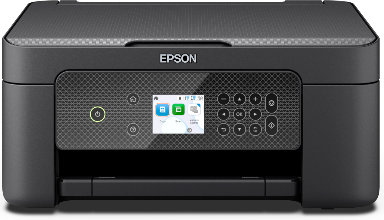 Epson black printer with a display and control buttons, viewed from front.