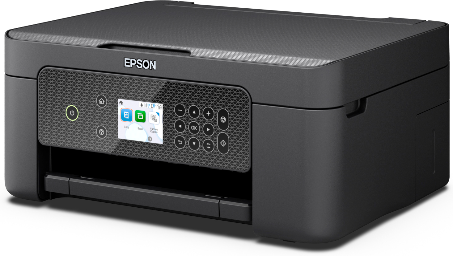 Black Epson printer, with control panel and a paper tray. White background.