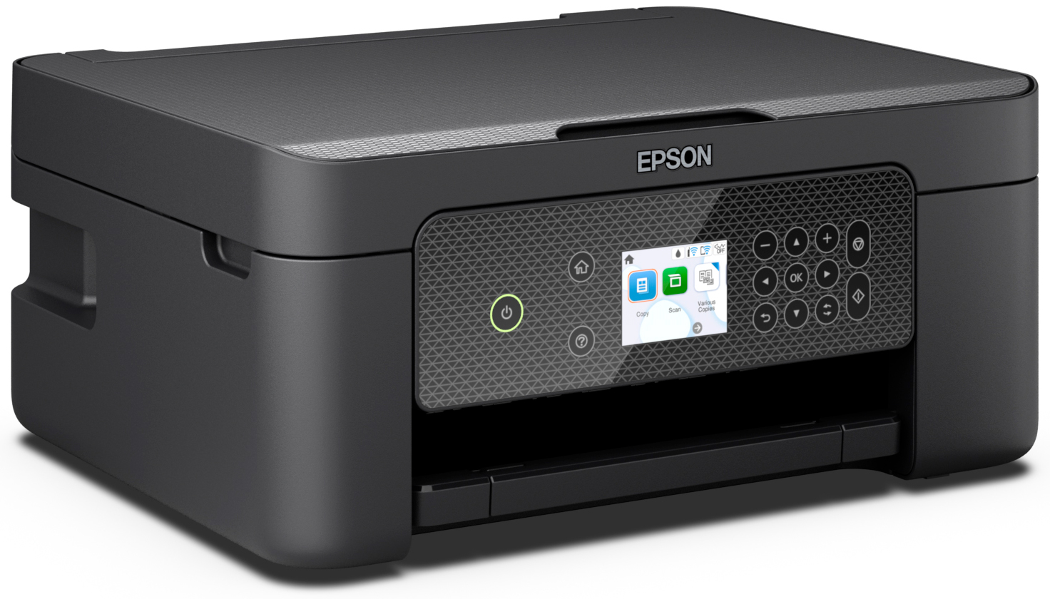 Black Epson printer with color screen. It is on a white surface.