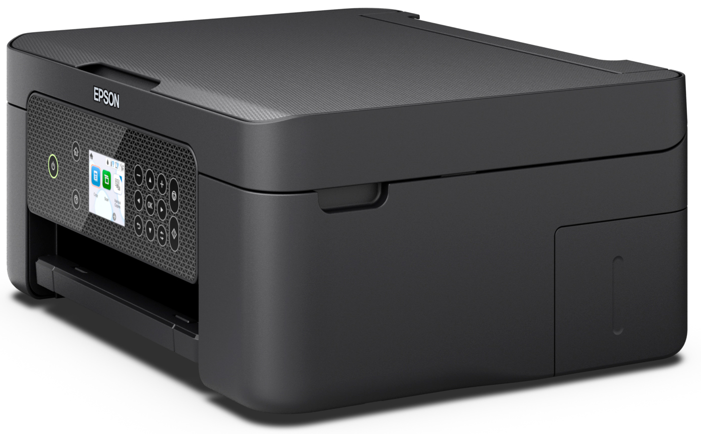 An Epson all-in-one printer, black, with a control panel and paper tray.