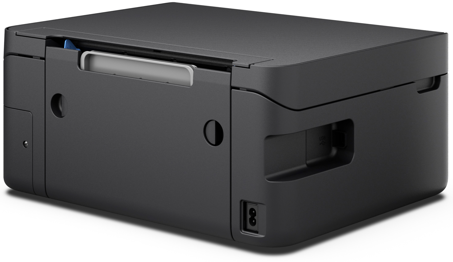 A black printer with side details, power input, and a white background.
