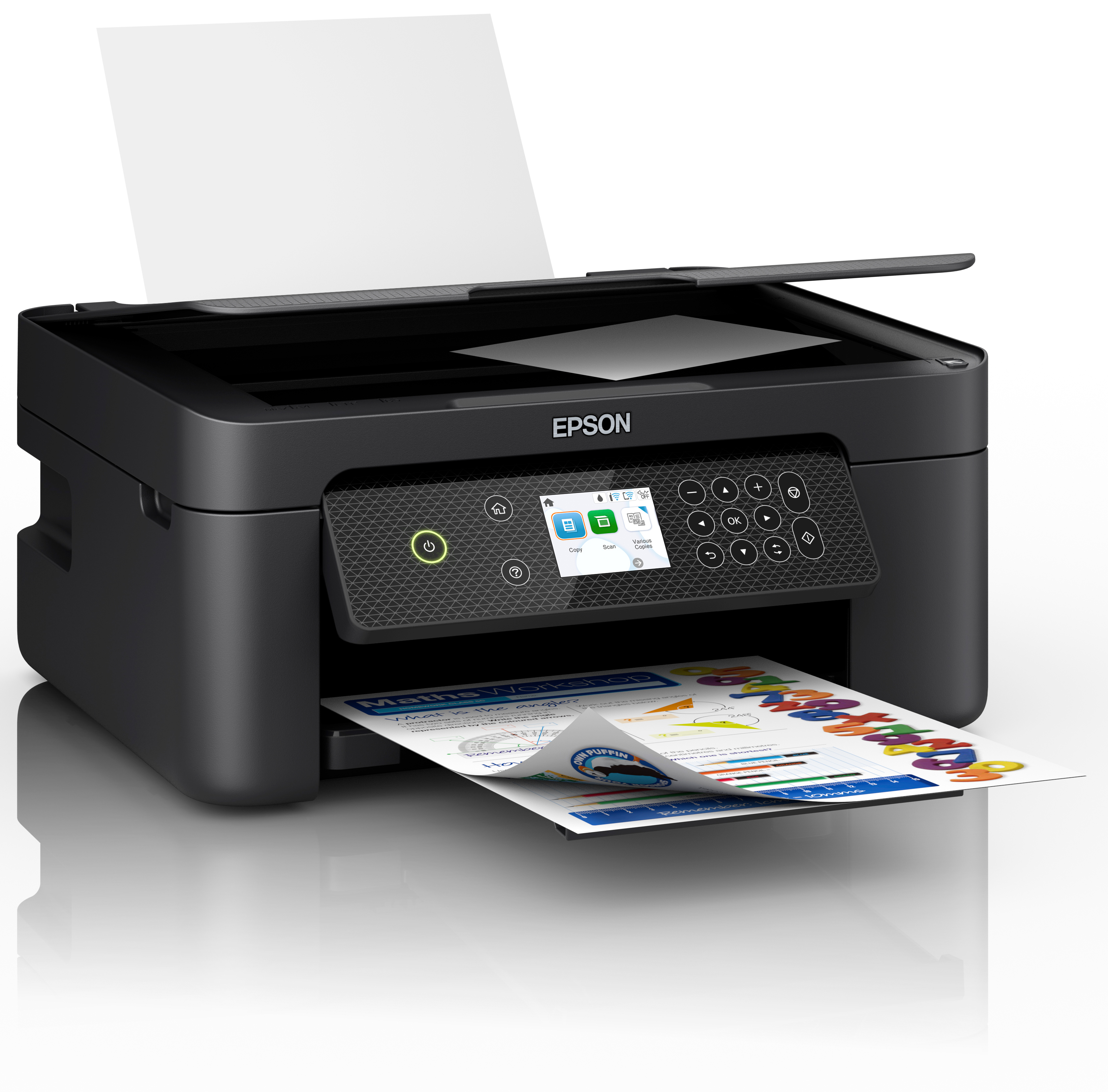 Black Epson printer. Paper is coming out of the printer. It has a display screen. White background.