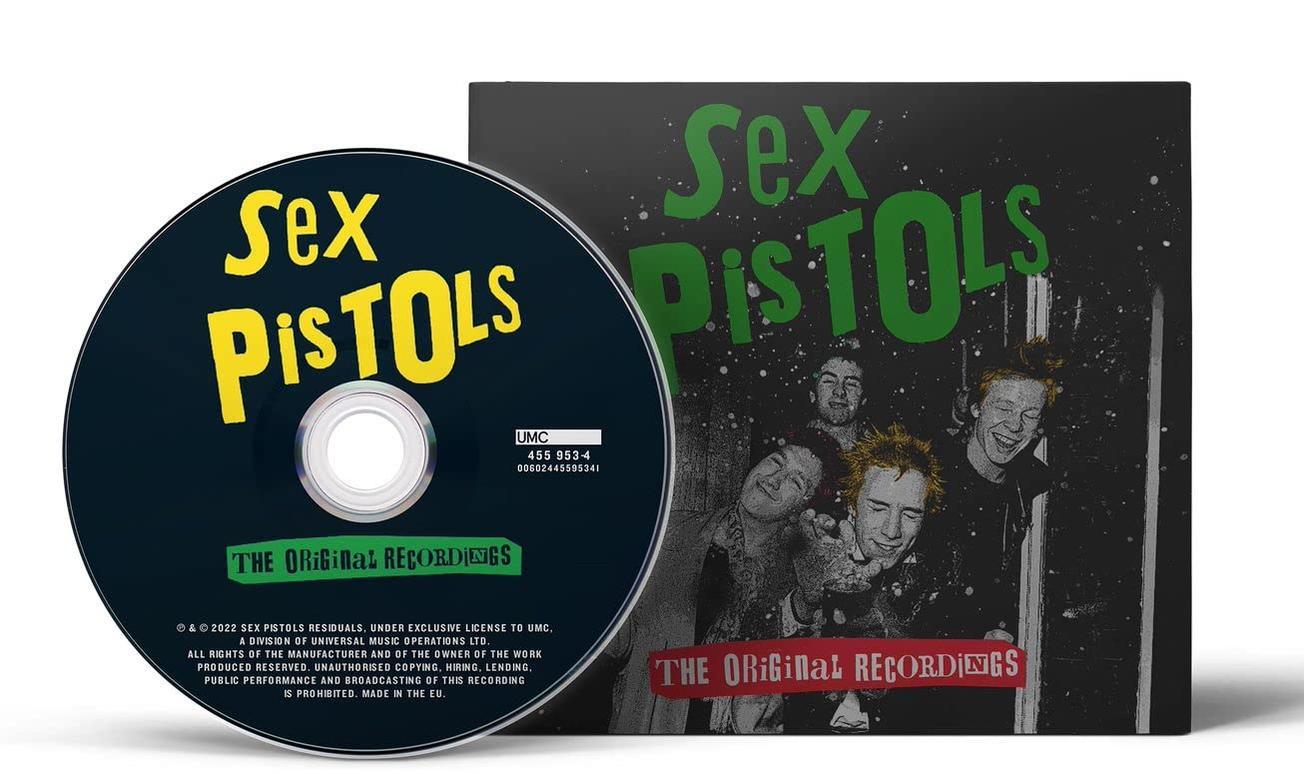 Sex Pistols album borítója és CD. Fekete háttér zöld és sárga szöveggel. Zenekari fotó.