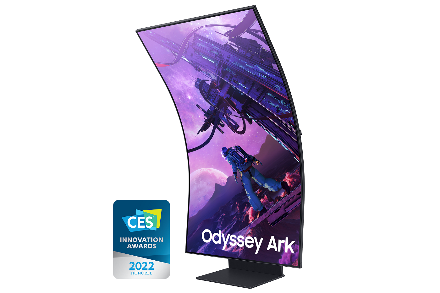 Oyun sahnesi ve bir CES İnovasyon Ödülleri logosu ile kavisli bir monitör.