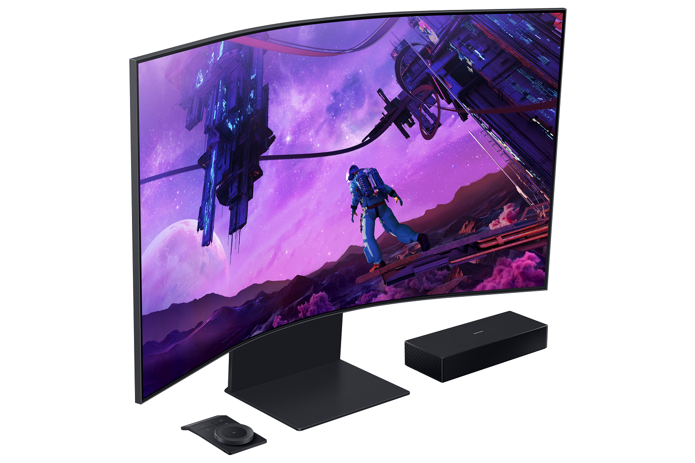 Astronotlu bir uzay sahnesi gösteren kavisli monitör. Altında siyah bir soundbar ve küçük bir stand var.