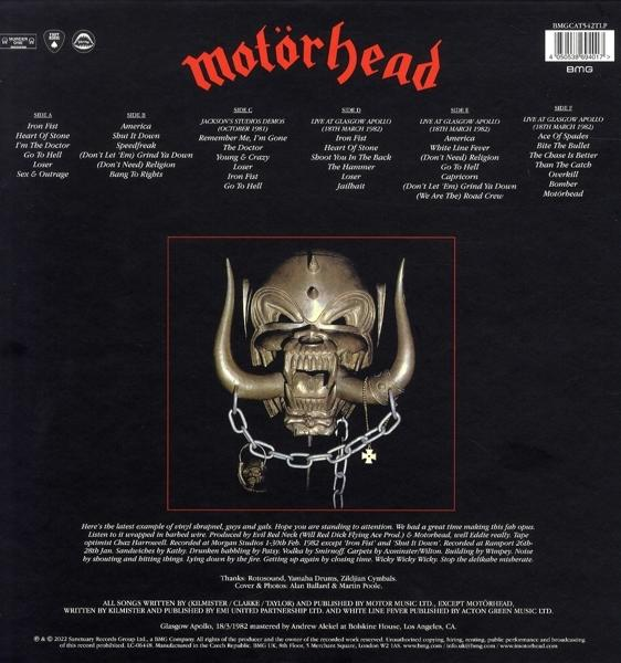 Motorhead album borító, a zenekar tagjaival és a dalok listájával.
