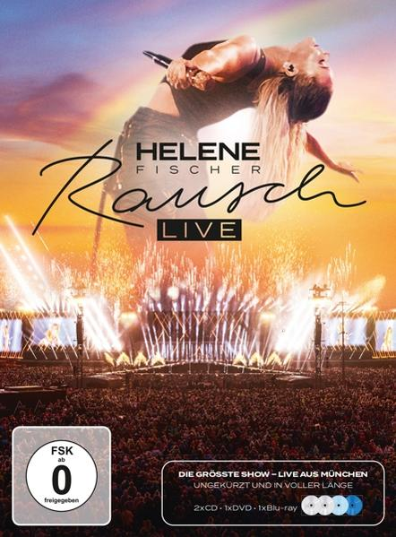 DVD-Cover von Helene Fischers Konzert mit einer Künstlerin, Feuerwerk und einem großen Publikum.