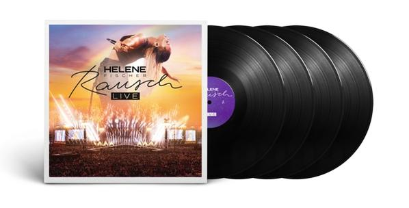 Albumcover von Helene Fischer, Bühnenauftritt und Vinylplatten.