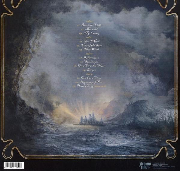 Albumcover mit bemalter Kunst, einer Titelliste und einer Landschaft.
