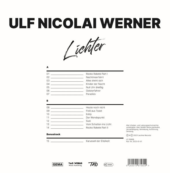 Albumcover mit Songtiteln auf weißem Hintergrund. Das Album trägt den Titel 'Lichter'.
