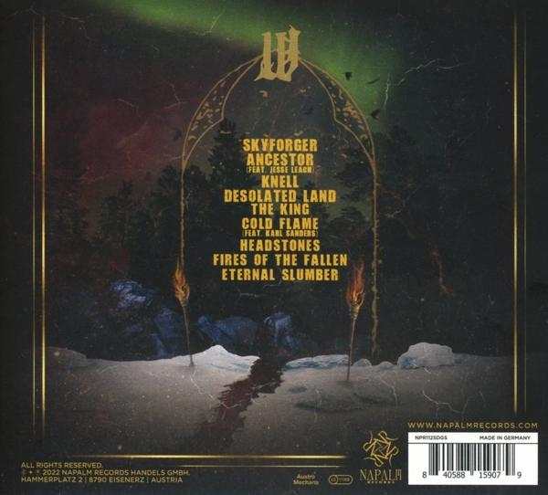 Albumcover mit dunklem Hintergrund. Text enthält Songtitel und Bandnamen, mit brennenden Flammen.