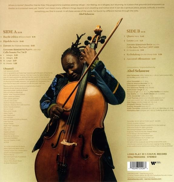 Albumcover einer Frau, die Cello spielt. Enthält Text und ein Schwarzweißfoto.