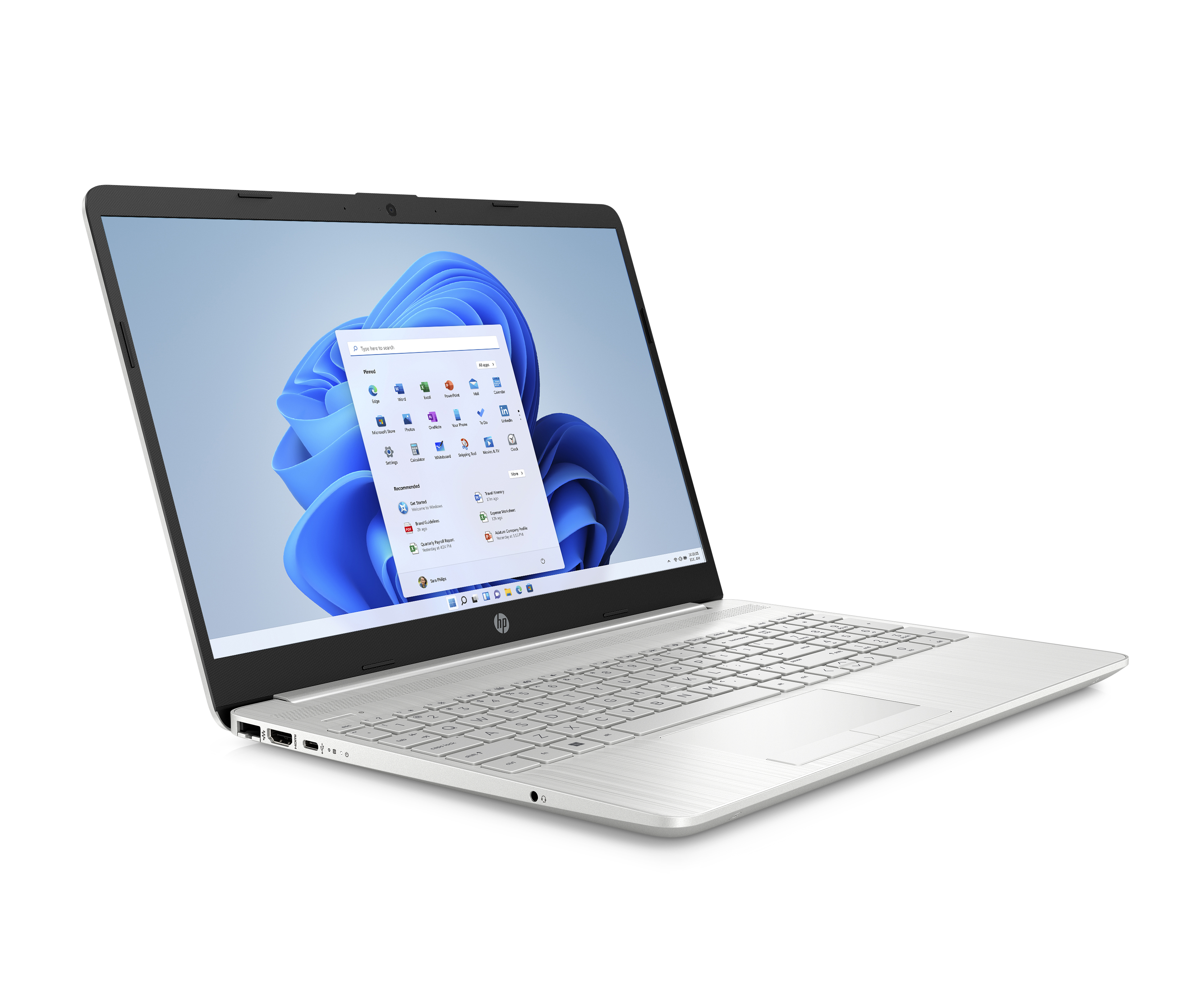 Ekranında Windows 11 gösteren gümüş renkli bir dizüstü bilgisayar.