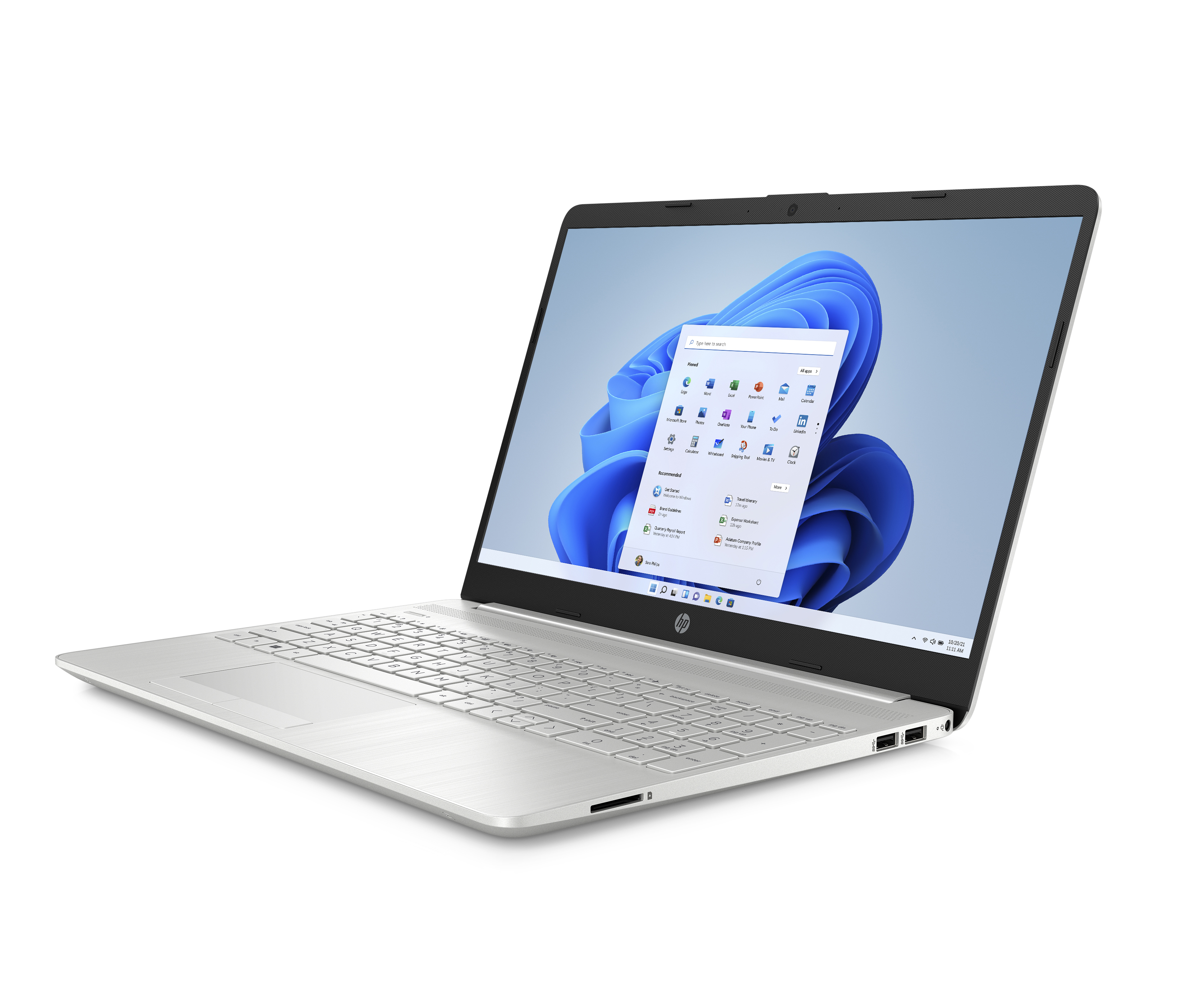 Beyaz arka plan üzerinde gümüş bir dizüstü bilgisayar, sola doğru açılı. Ekran, bir Windows 11 arayüzü gösteriyor.