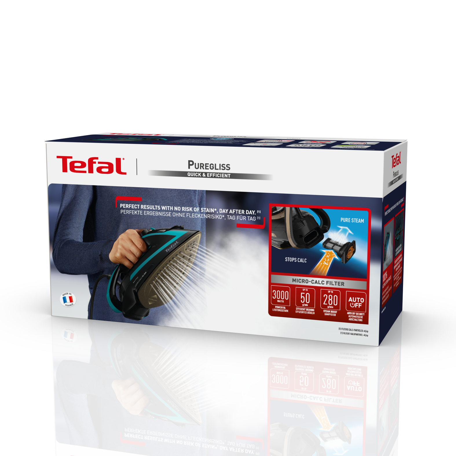 Tefal Puregliss ütünün kutusu, bir kişinin ütüyü tutması ve özellikleri.