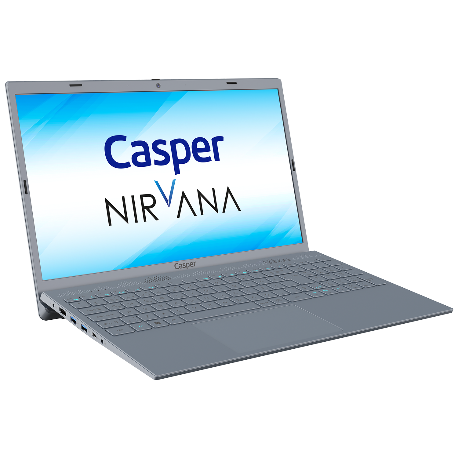 Ekranında 'Casper NIRVANA' yazan gümüş dizüstü bilgisayar. Dizüstü bilgisayar, siyah bir arka plan üzerinde açılı duruyor.