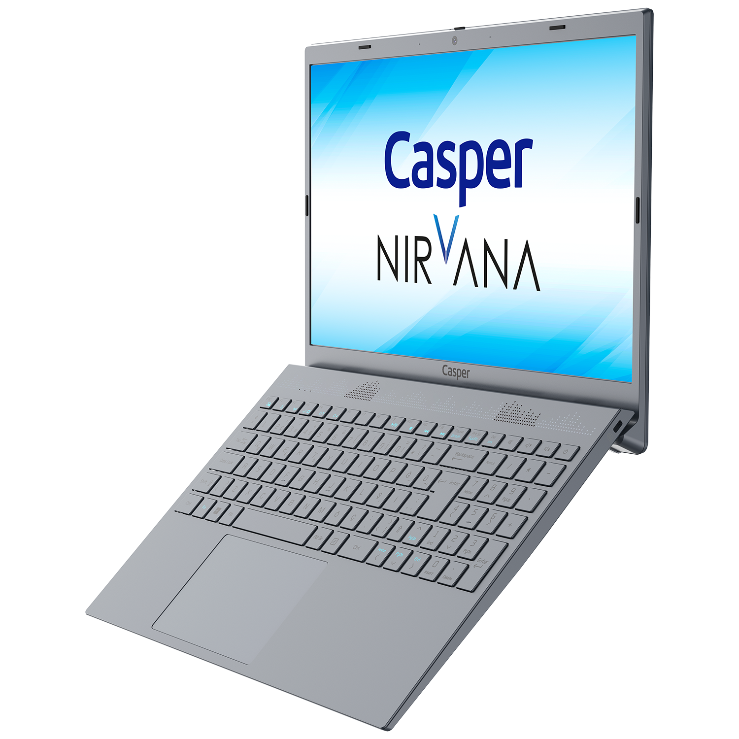 Gümüş dizüstü bilgisayar açık, ekran Casper logosunu ve Nirvana kelimesini gösteriyor.