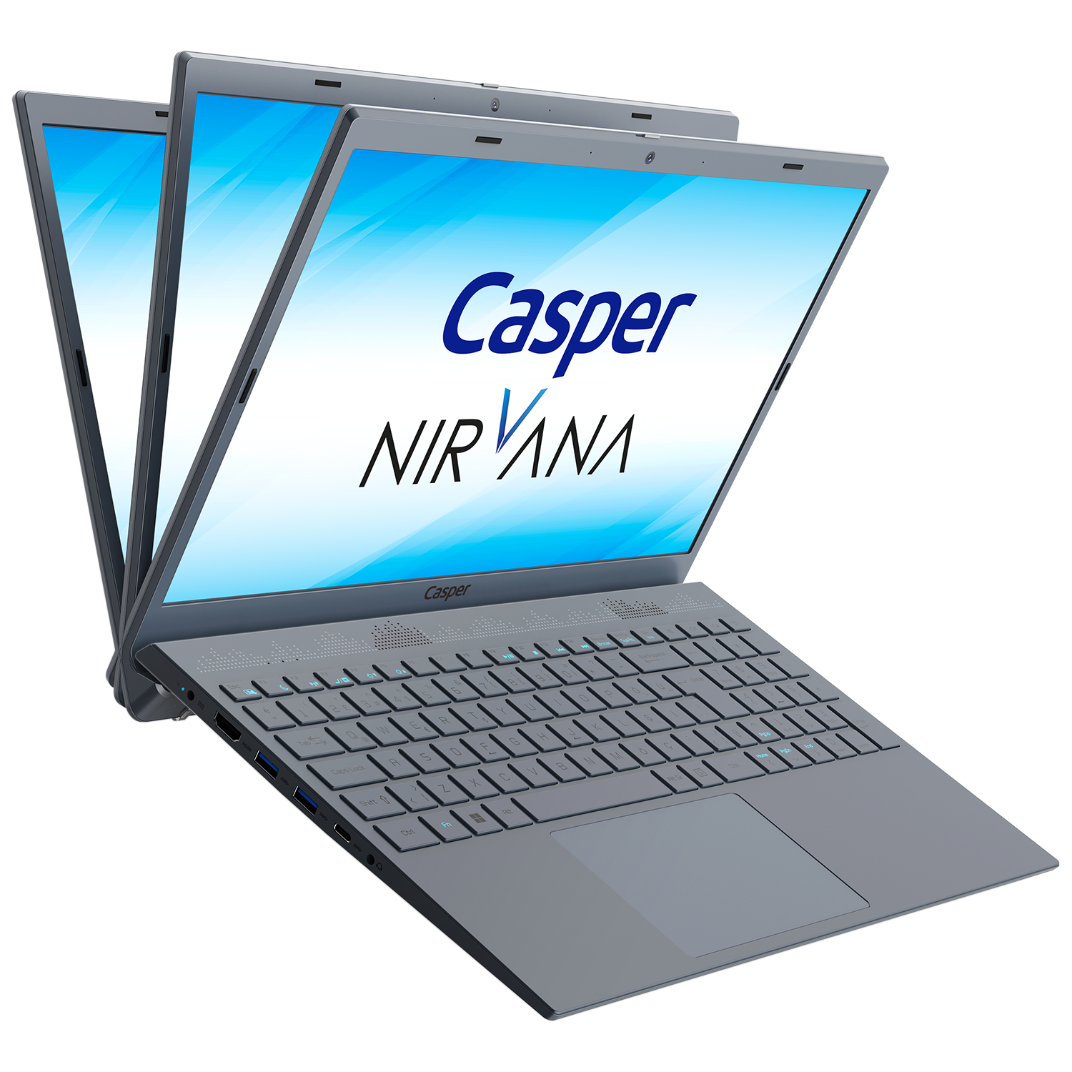 Üç adet Casper Nirvana dizüstü bilgisayar, açık, ekranında Casper logosu var.