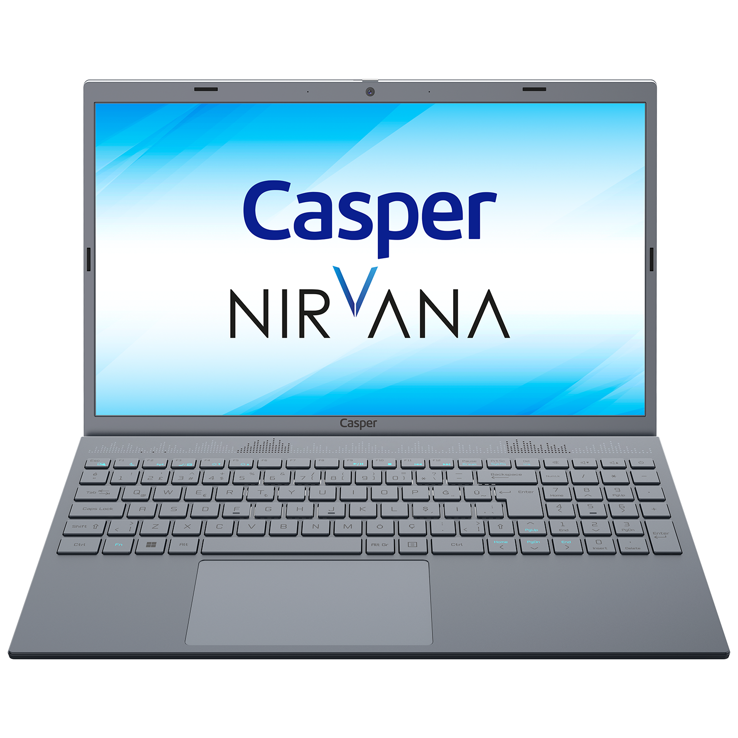 Dizüstü bilgisayar: Ekranında Casper NIRVANA logosu bulunan gri dizüstü bilgisayar.