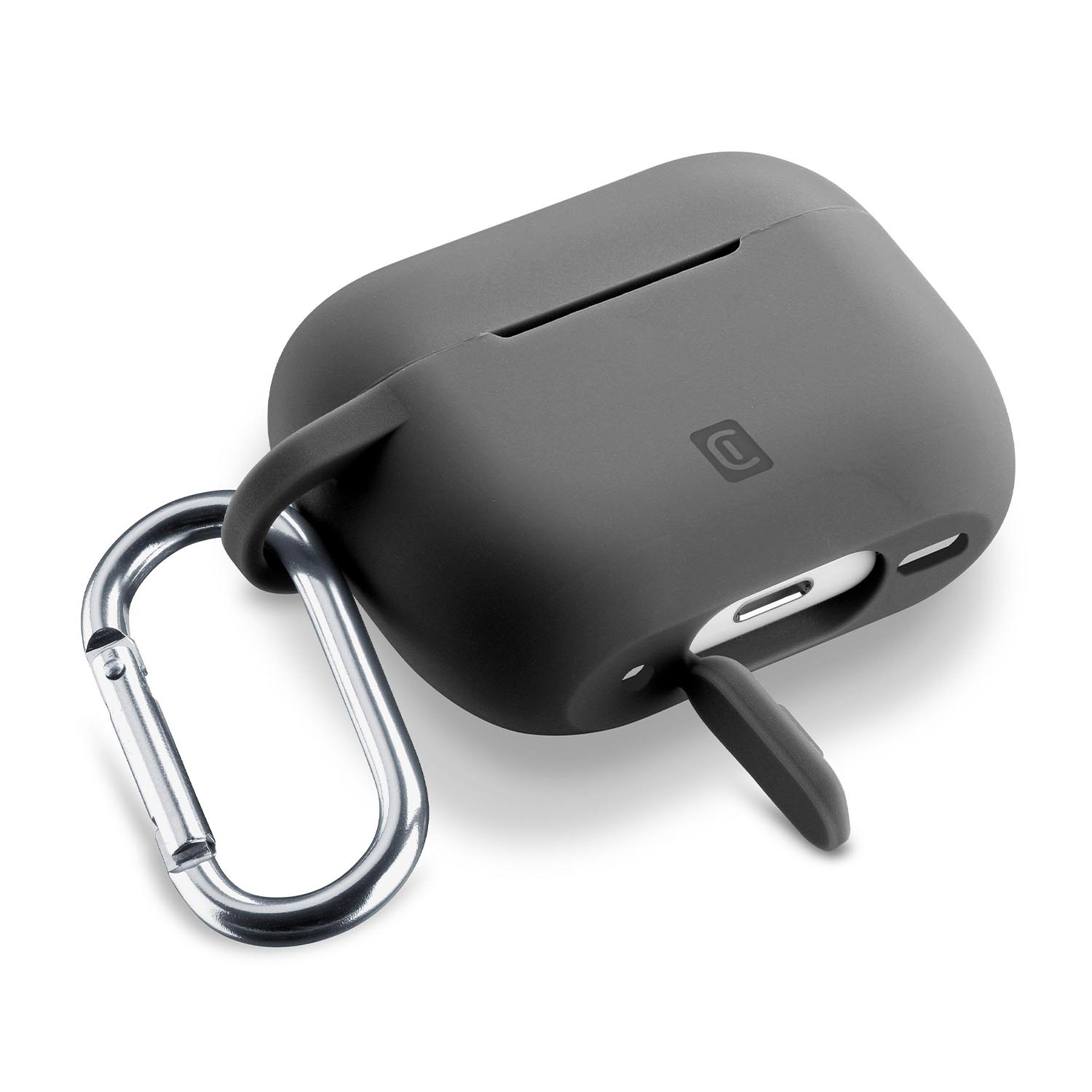Una custodia grigio scuro con un moschettone attaccato e una porta di ricarica aperta.