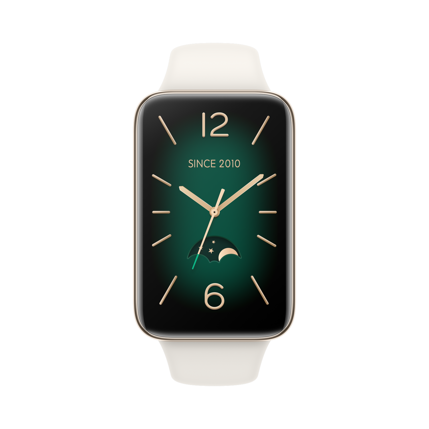 Reloj inteligente sobre negro. Correa blanca, caja dorada. Pantalla verde muestra hora, fecha y fase lunar.