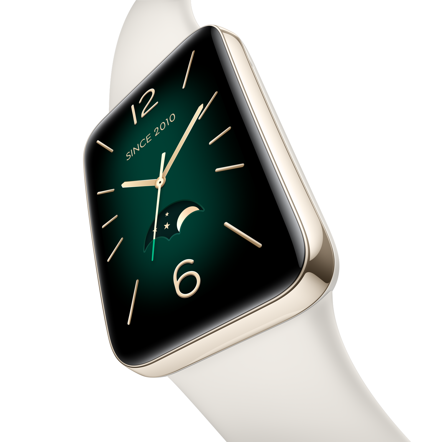 Primer plano de un reloj inteligente dorado con una pantalla negra que muestra la hora, símbolos de luna y sol. Correa blanca.