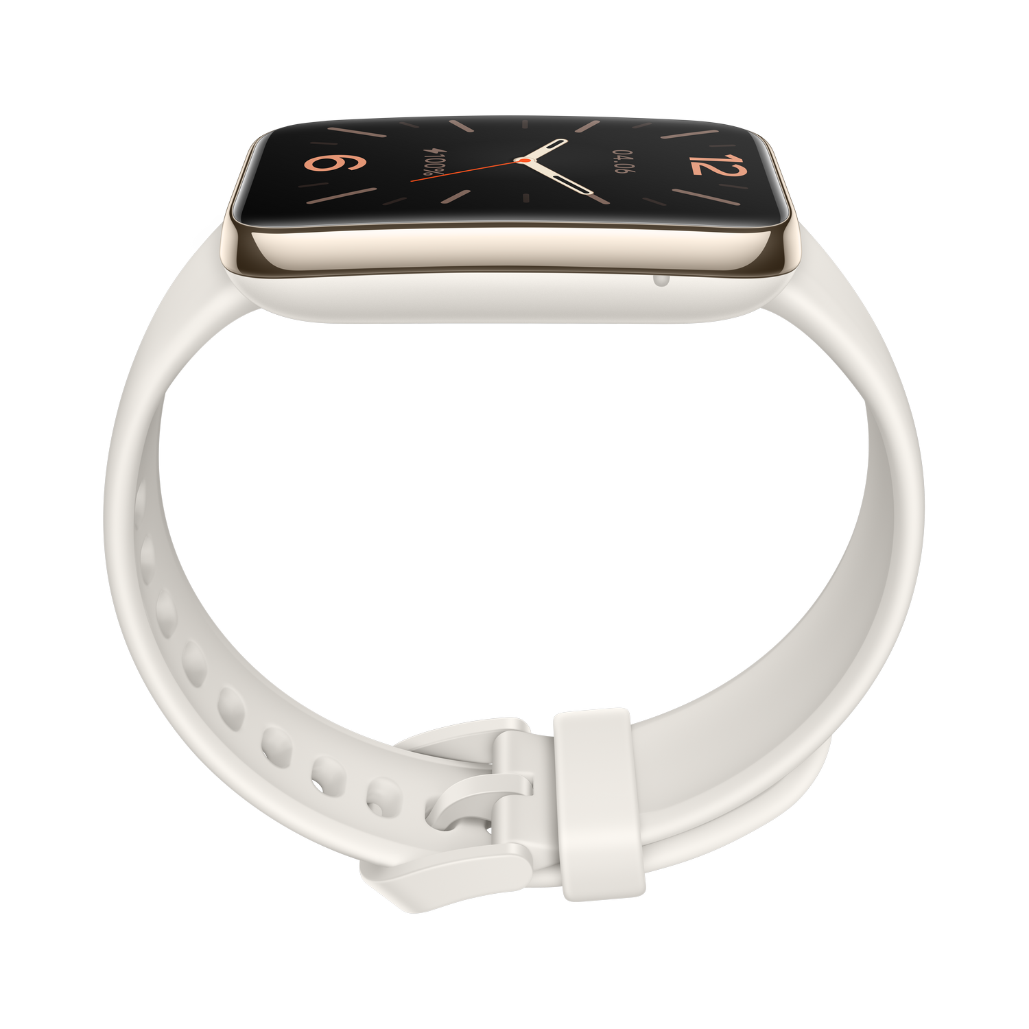 Reloj inteligente blanco con correa blanca y pantalla negra.