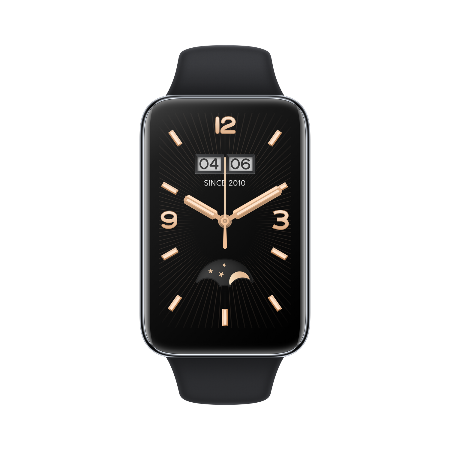 Un reloj inteligente negro con una banda negra, que muestra la fecha y la hora.