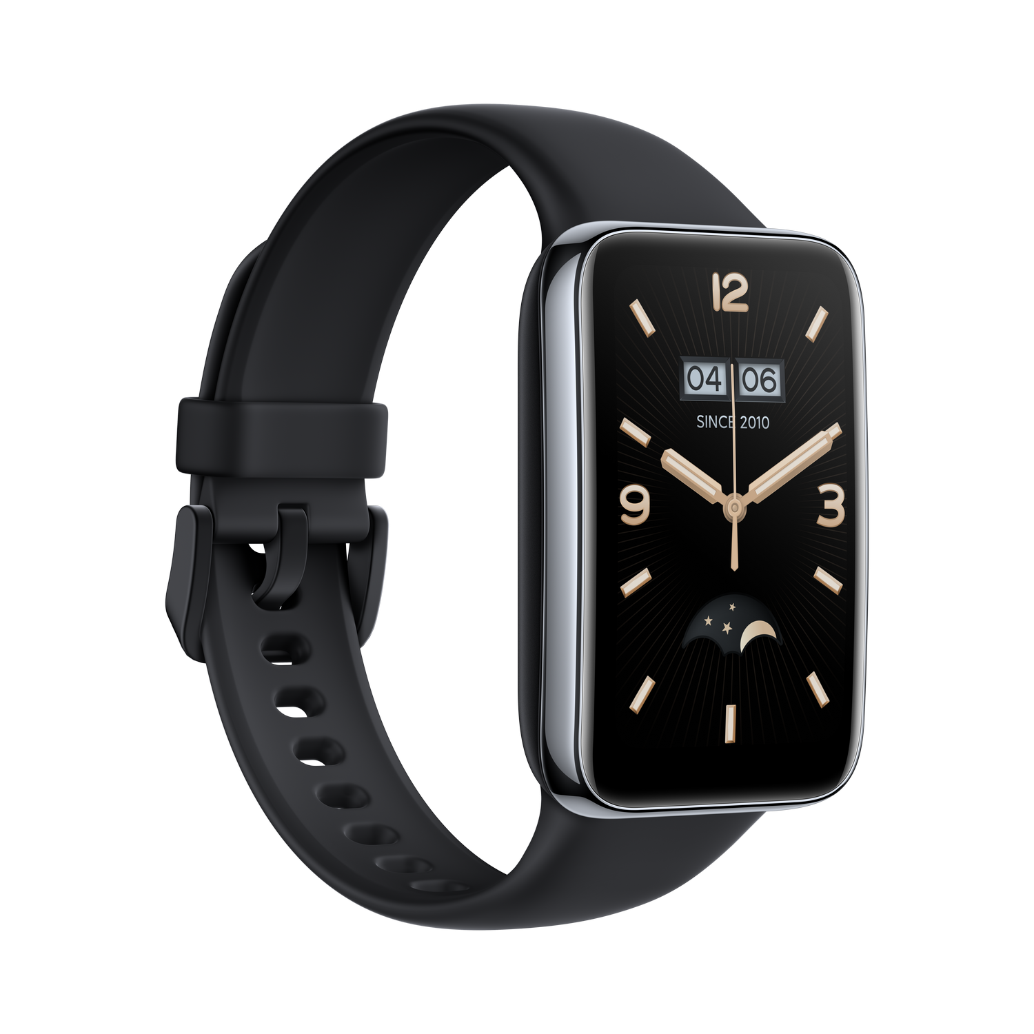 Reloj inteligente negro con una correa negra, mostrando la hora y la fecha.