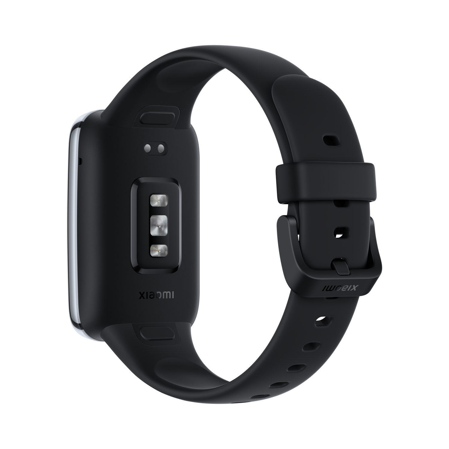 Primer plano de un reloj inteligente negro. La parte posterior muestra sensores y el logotipo de Xiaomi. Correa negra.